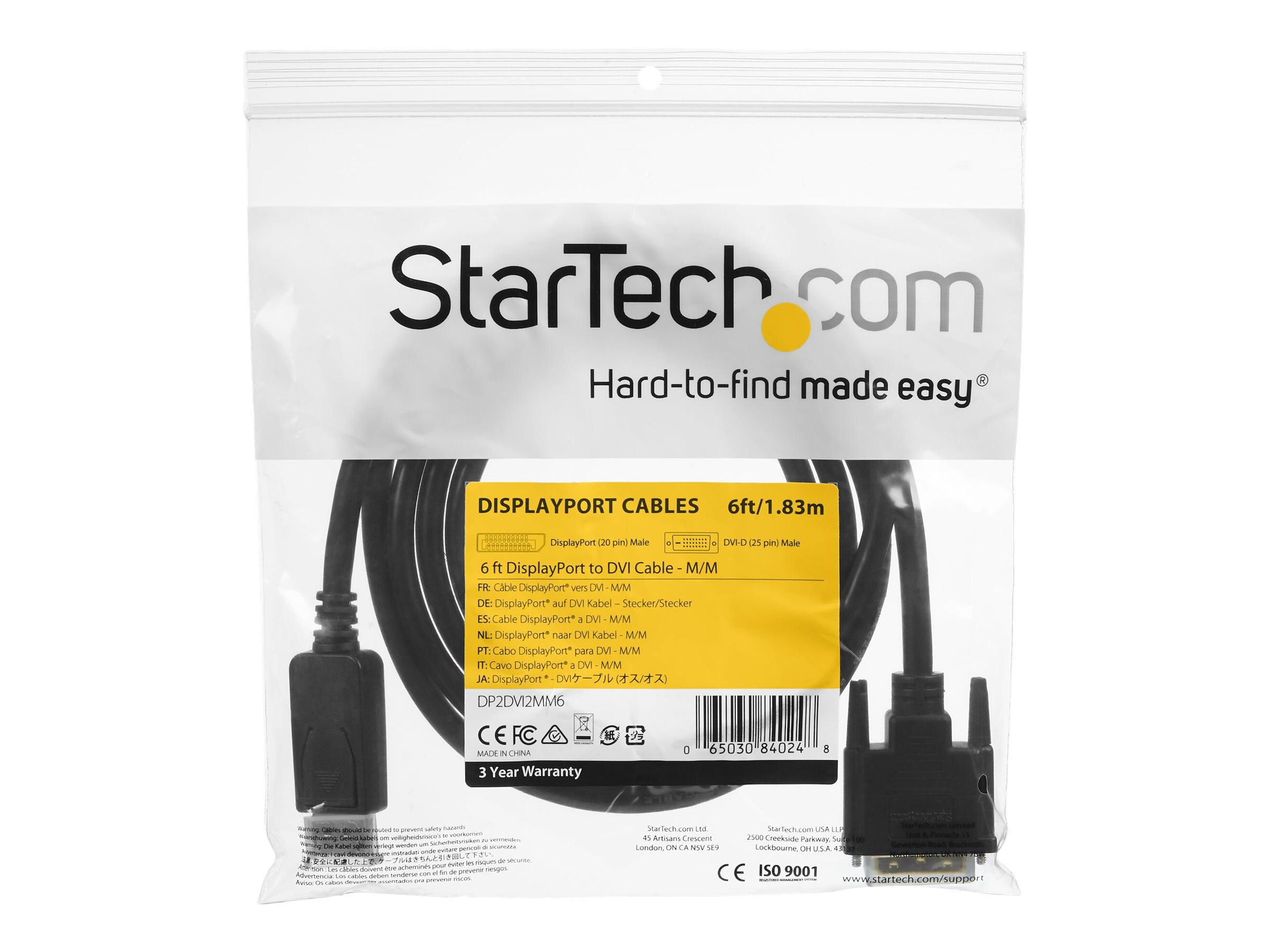 6 ft DisplayPort to DVI Cable - M/M