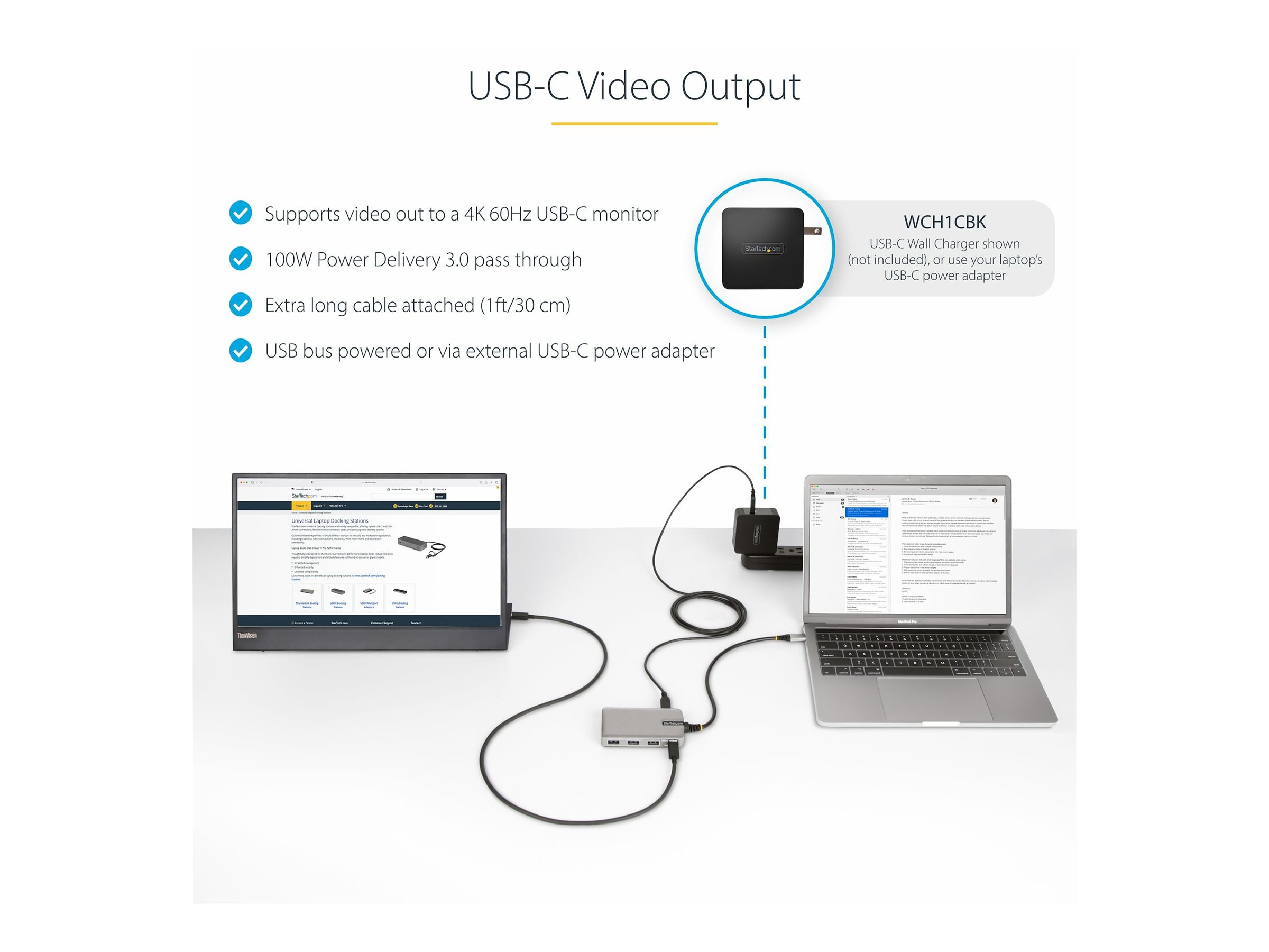 StarTech.com 4-Port USB-C Hub with USB-C DP Alt Mode Video Output 4K 60Hz - 3x USB-A, 1x USB Type-C, 100W Power Delivery Pass-Through, USB 3.2 10Gbps, 1ft/30cm Cable, Portable USB Hub