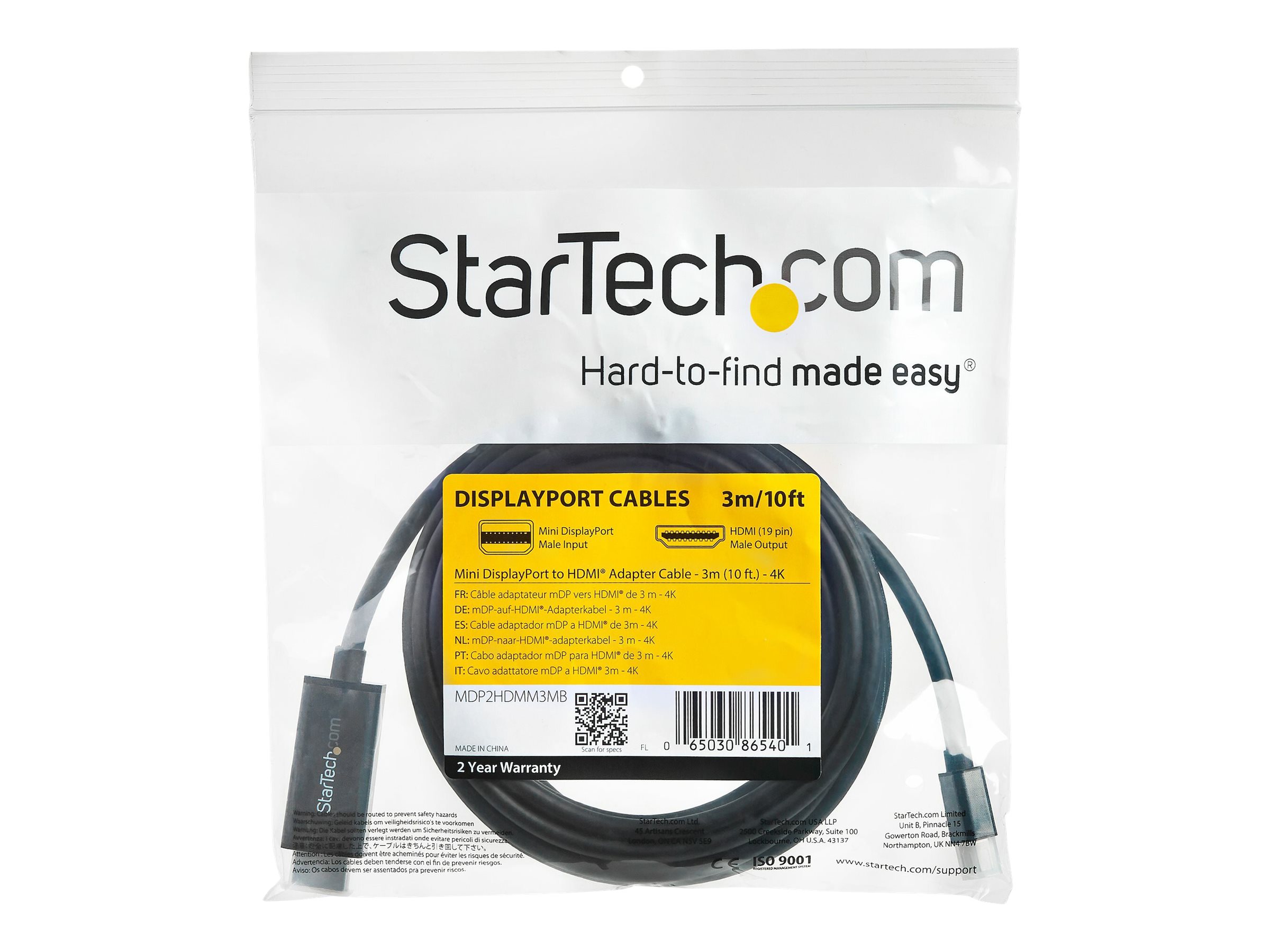 StarTech.com 10ft (3m) Mini DisplayPort to HDMI Cable - 4K 30Hz Video - mDP to HDMI Adapter Cable - Mini DP or Thunderbolt 1/2 Mac/PC to HDMI Monitor/Display - mDP to HDMI Converter Cord