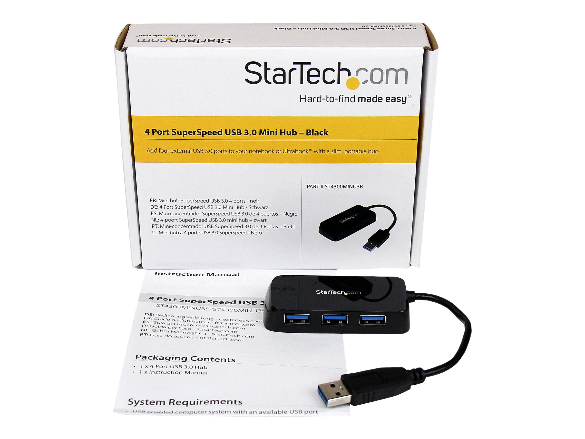 Portable 4 Port Mini USB 3.0 Hub - Black