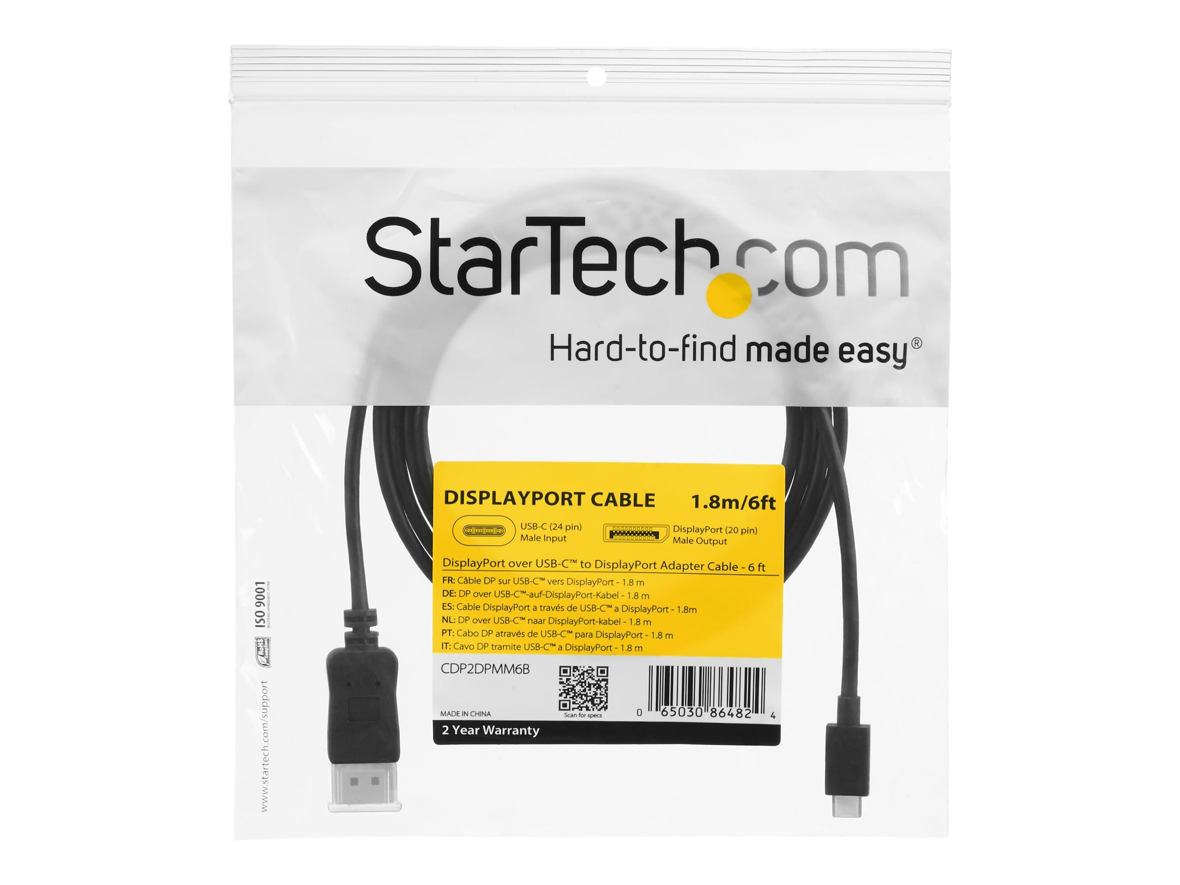StarTech.com 6ft/1.8m USB C to DisplayPort 1.2 Cable 4K 60Hz - USB-C to DisplayPort Adapter Cable HBR2 - USB Type-C DP Alt Mode to DP Monitor Video Cable - Works w/ Thunderbolt 3 - Black