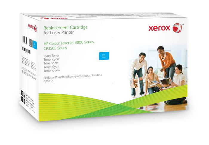 Xerox Cyan toner cartridge. Equivalent to HP Q7581A. Compatible with HP Colour LaserJet 3800, Colour LaserJet CP3505