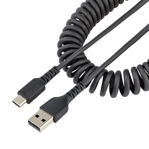 USB A TO C CHARGING CABLE - 50CM (20IN) COILED CABLE BLACK