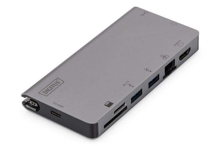 Digitus USB-C Multiport Travel Dock, 8 Port, gray 2x video, 2x USB-C, 2x USB3.0, RJ45,2x card reader