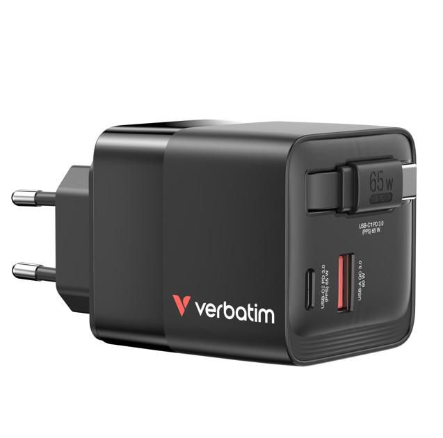 Verbatim GaN Charger 65W 2 Port retractable cable display US plugs with EU and UK adaptors