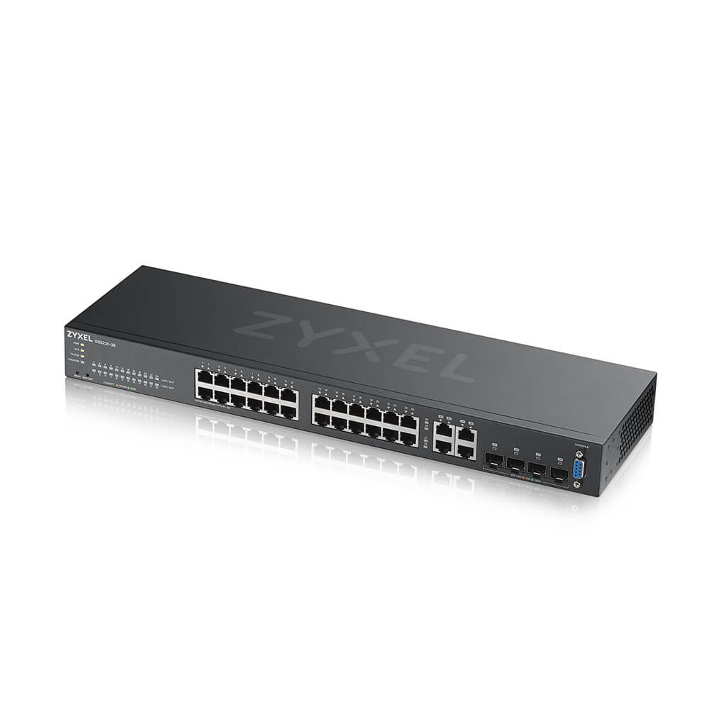 Zyxel Switch fully managed Layer2+ 28 Port • 24x 1 GbE • 4x 1 Gb Combo • 19" • Fanless • NebulaFlex Pro • GS2220-28
