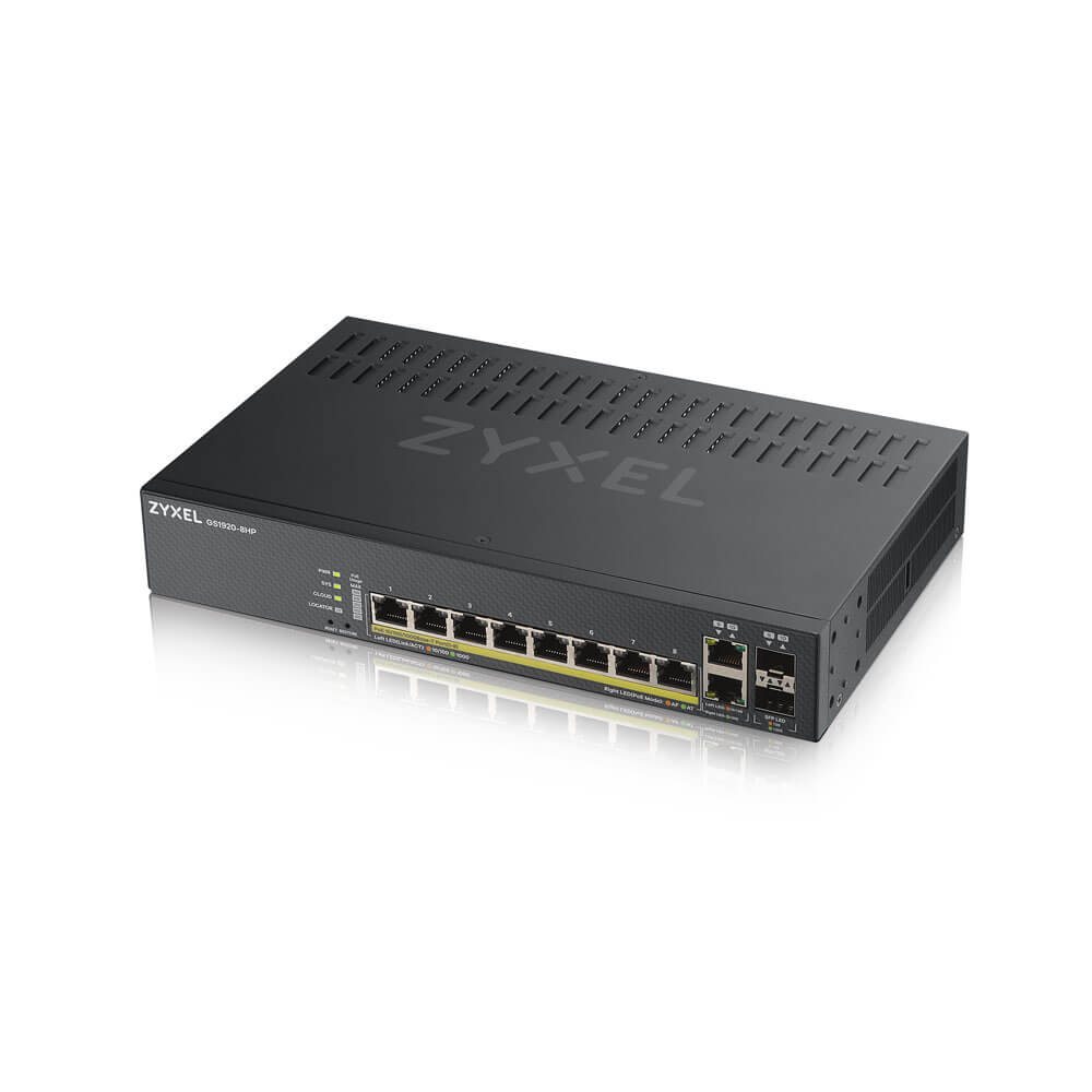 Zyxel Switch smart managed Layer2 10 Port • 8x 1 GbE • PoE Budget 130 Watt • 8x PoE at • 2x 1 Gb Combo • Desktop • Fanless • NebulaFlex • GS1920-8HPV2