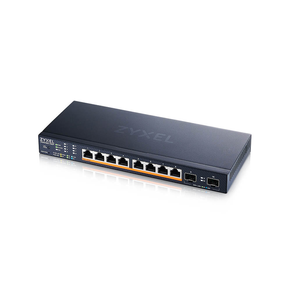 Zyxel Switch smart managed Layer2 10 Port • 8x 2.5 GbE • PoE Budget 130 Watt • 8x PoE bt • 2x SFP+ • Desktop • Fanless • NebulaFlex • XMG1915-10EP