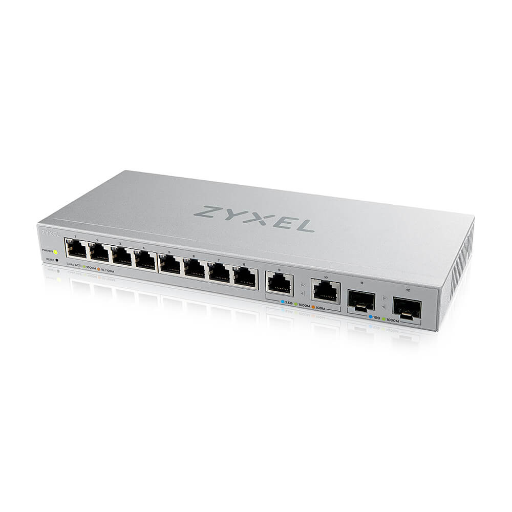 Zyxel Switch smart managed Layer2 12 Port • 8x 1 GbE • 2x 2.5 GbE • 2x SFP+ • Desktop • Fanless • XGS1210-12 V2