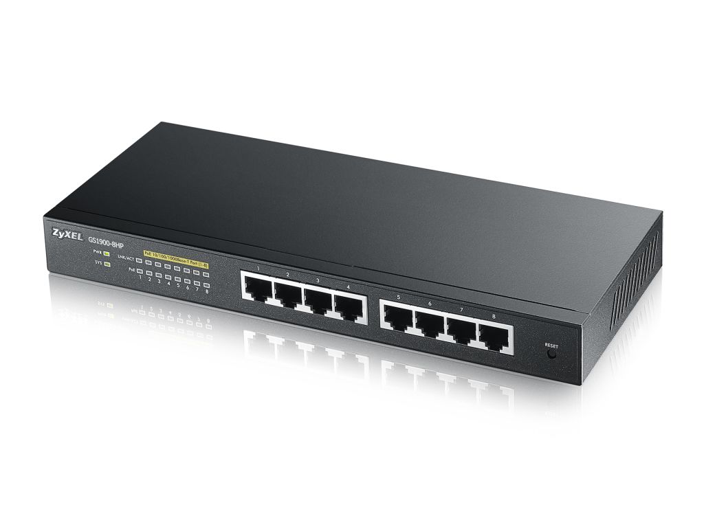 Zyxel Switch smart managed Layer2 8 Port • 8x 1 GbE • PoE Budget 77 Watt • 8x PoE at • Desktop • Fanless • GS1900-8HP V3