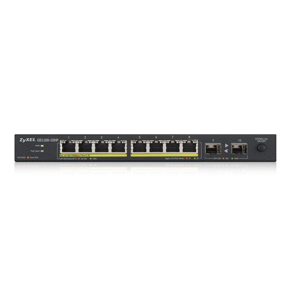 Zyxel Switch unmanaged Layer2 10 Port • 8x 1 GbE • PoE Budget 130 Watt • 8x PoE at • 2x SFP • Desktop • Fanless • GS1100-10HPV2