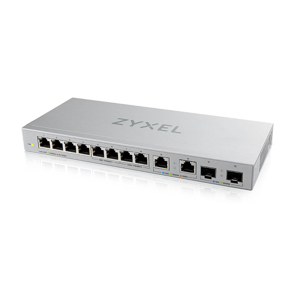 Zyxel Switch unmanaged Layer2 12 Port • 8x 1 GbE • 2x 2.5 GbE • 2x SFP+ • Desktop • Fanless • XGS1010-12 V2