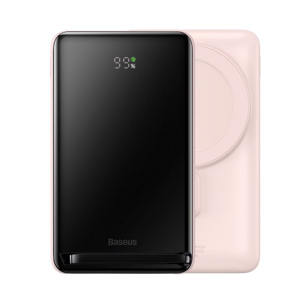 BASEUS MAGNETIC BRACKET WIRELESS FAST CHARGE POWER BANK 10000MAH 20W PINK (WITH BASEUS XIAOBAI SERIES FAST CHARGING CABLE TYPE-C TO TYPE-C 60W(20V/3A) 50CM WHITE)