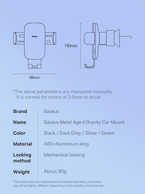 BASEUS METAL AGE II GRAVITY CAR PHONE HOLDER ON THE VENTILATION GRILLE SILVER (SUJS000012)