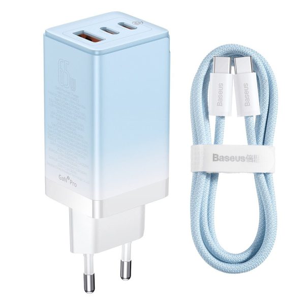 BASEUS CCGP050103 DZ-HW BASEUS GAN3 PRO FAST CHARGER 2C+U 65W EU CLOUD BLUE (WITH DYNAMIC SERIES FAST CHARGING DATA CABLE TYPE-C TO TYPE-C 100W 1M BLUE)