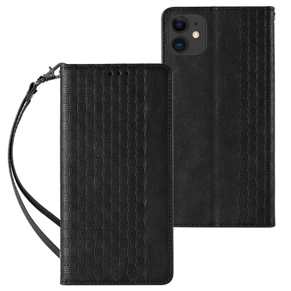 MAGNET STRAP CASE FOR IPHONE 12 POUCH WALLET + MINI LANYARD PENDANT BLACK